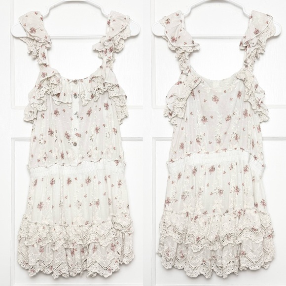 LOVESHACKFANCY Floral Embroidered Eyelet Ruffle Trim  Square Neck Mini Dress M - Picture 6 of 9